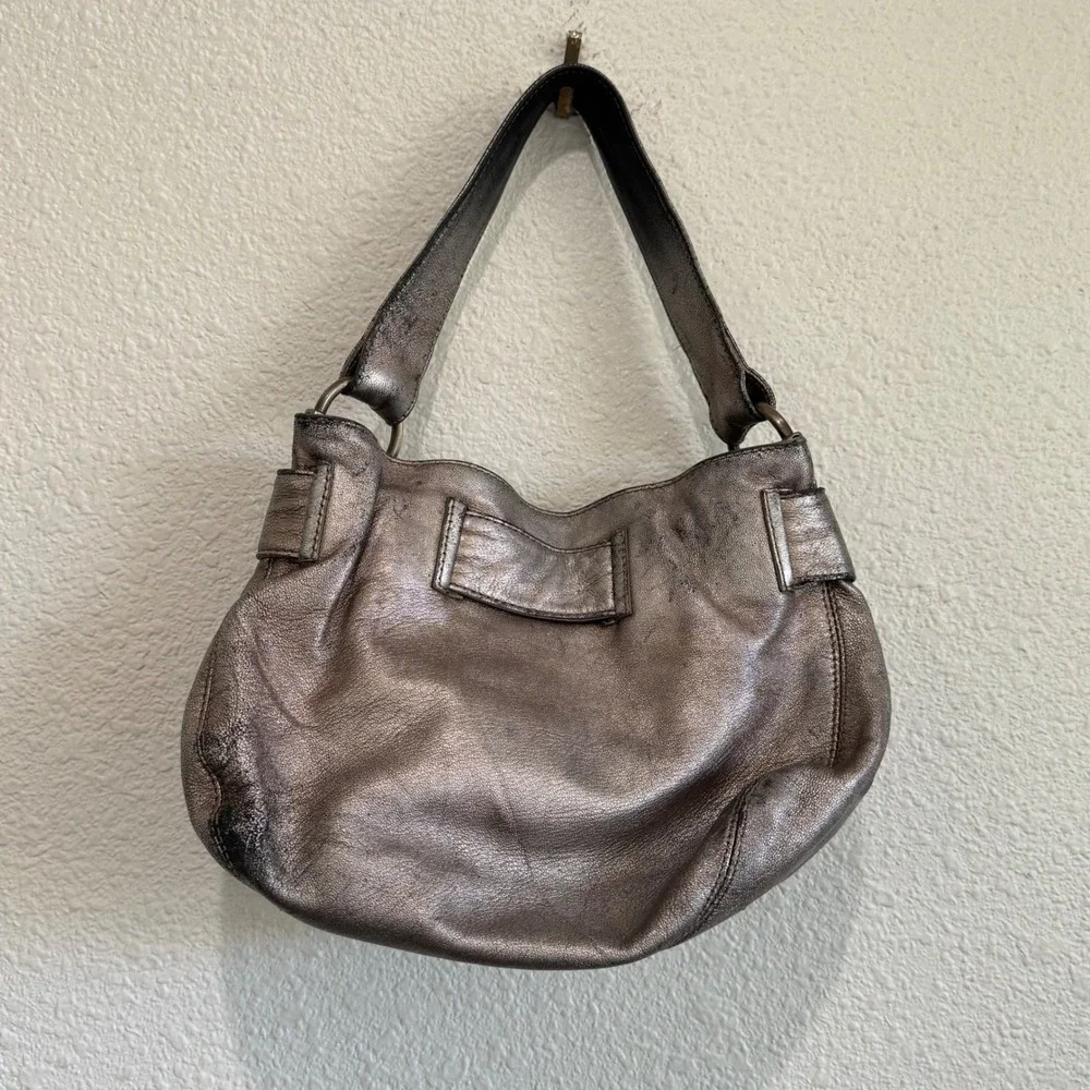 Kooba Metallic‎ Pewter Leather Bow Shoulder Bag Hobo Brass Hardware Vintage Y2K